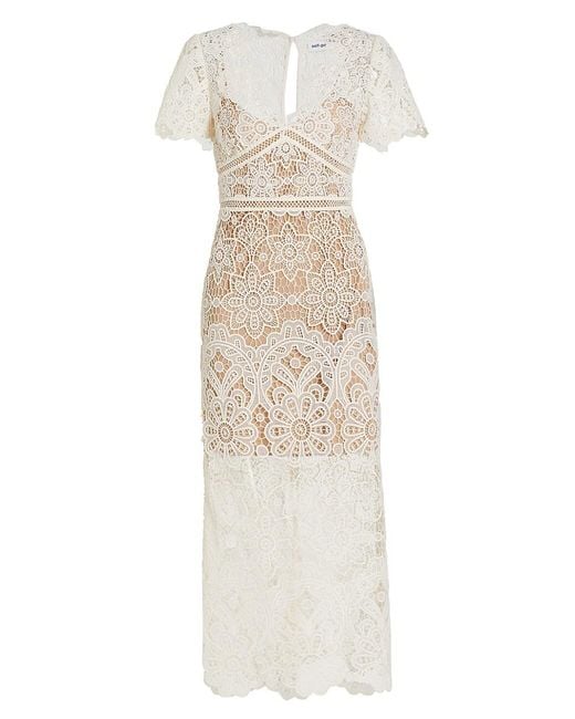 Self-Portrait Lace Ivory Floral Guipure Midi Dress in White | Lyst