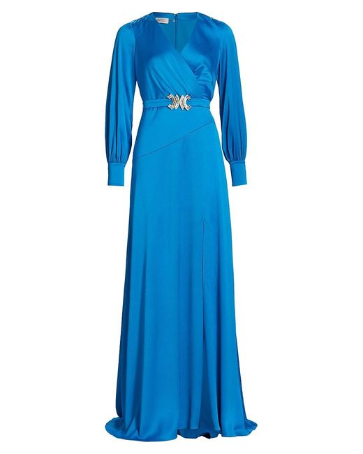 Teri Jon Crystal-belted Satin Gown in Blue | Lyst