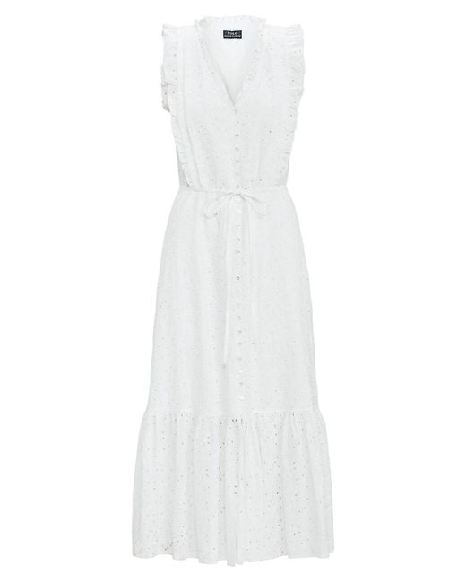 Polo Ralph Lauren Ruffled Eyelet Lace Midi-dress in White | Lyst