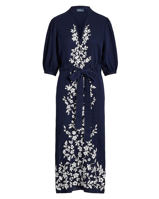 Polo Ralph Lauren Lisi Floral-embroidered Midi Dress in Blue | Lyst