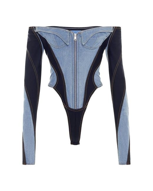 Mugler Offtheshoulder Denim Bodysuit in Blue Lyst