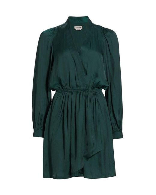 Zadig & Voltaire Remember Satin V-neck Pleated Dress in Green | Lyst