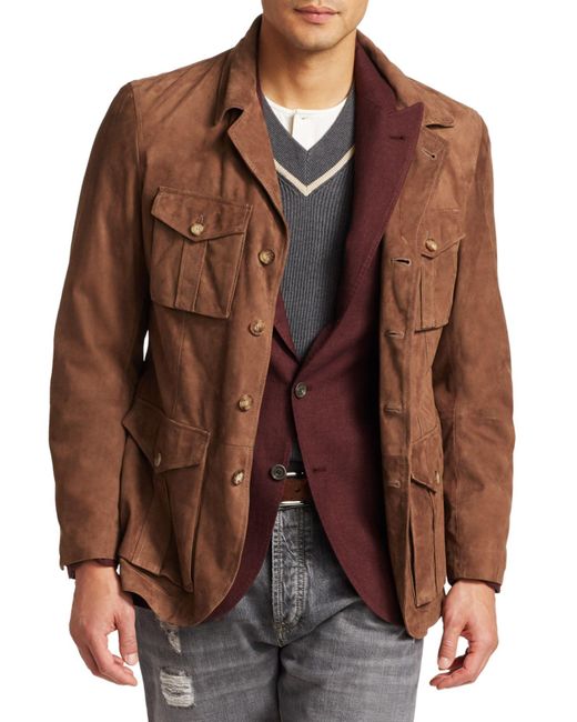 Brunello Cucinelli Suede Safari Jacket in Walnut (Brown) for Men - Lyst