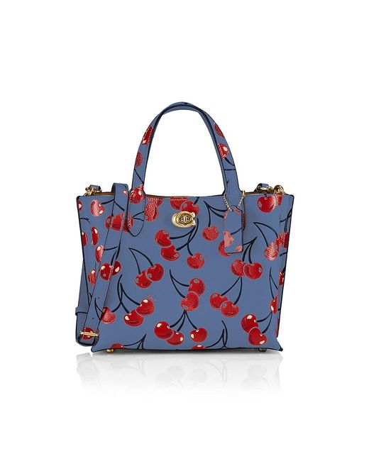 COACH Willow 24 Cherry-print Leather Tote in Washed (Blue) | Lyst