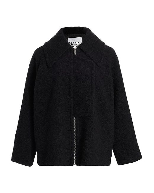 Ganni Boucle Wool Blend Jacket in Black | Lyst