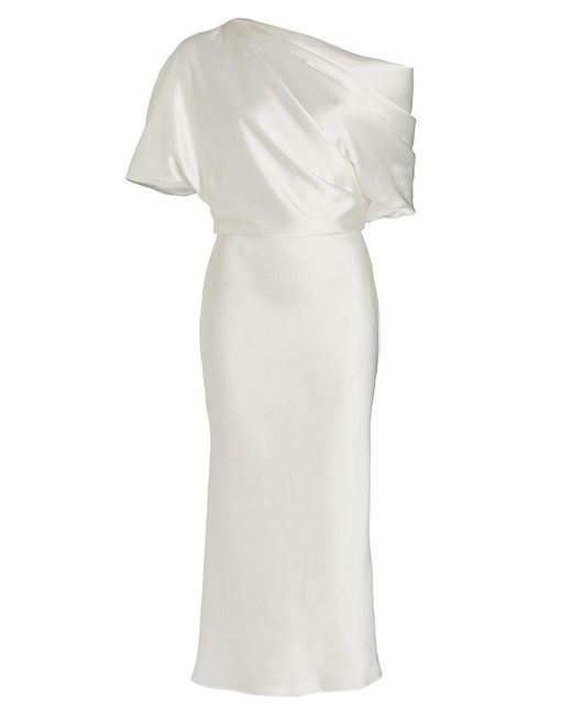 Amsale Satin Draped Off-the-shoulder Midi-dress in Ivory (White) | Lyst
