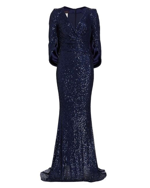 Talbot Runhof Embellished Cape-sleeve Gown in Blue | Lyst