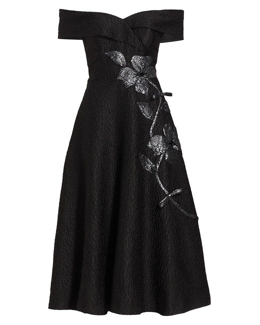 Teri Jon Jacquard Off-the-shoulder Floral Midi-dress in Black | Lyst