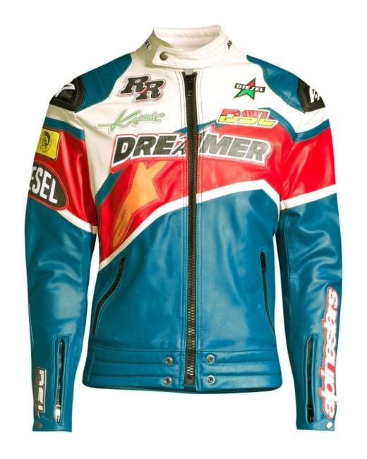 DIESEL Stars Patch Leather Moto Jacket in Blue for Men | Lyst