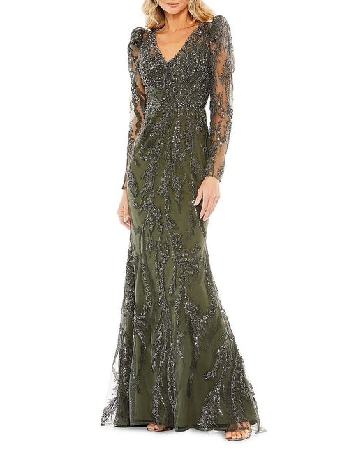 Mac Duggal Embellished Puff-sleeve V-neck Gown in Green | Lyst