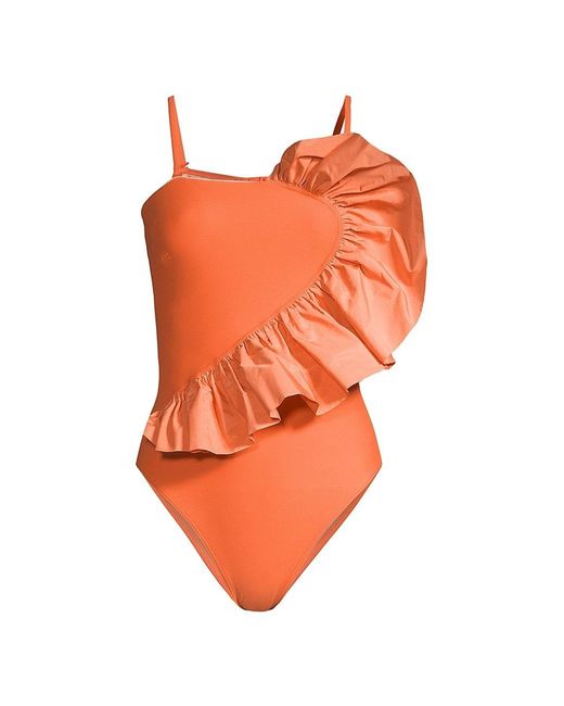 Tanya Taylor Sarita Ruffled Cutout One-piece Swimsuit in Orange | Lyst
