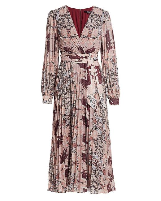 Badgley Mischka Chiffon Floral Print Pleated Midi Dress - Lyst