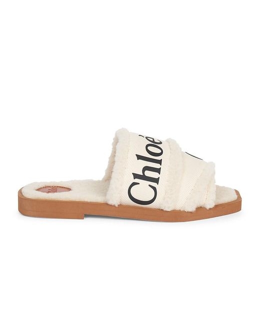 ChloÃ© Fur Woody Shearling-trim Flat Sandals in White - Lyst