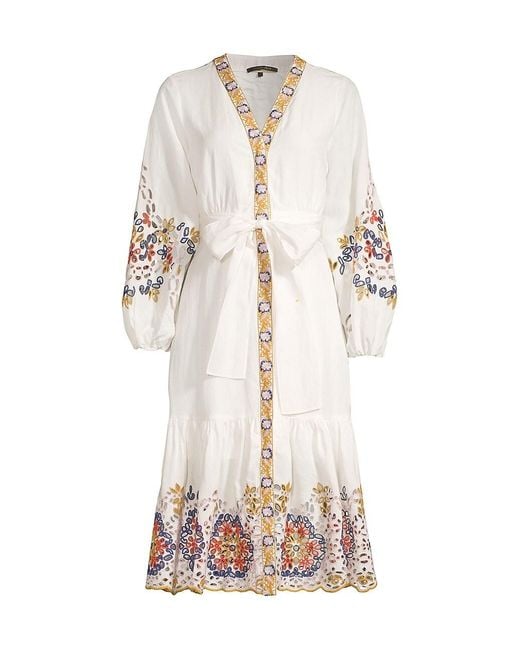 Kobi Halperin Linen Sibel Belted Embroidered-eyelet Midi-dress in White