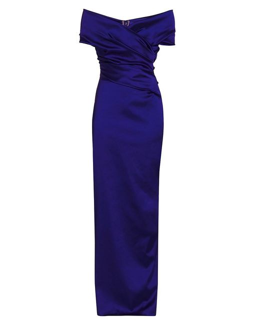 Talbot Runhof Gathered Satin Off-the-shoulder Gown in Blue | Lyst