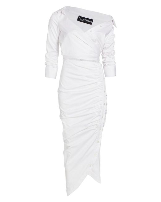 Sergio Hudson Asymmetric Cotton Poplin Wrap Dress in White - Save 25%