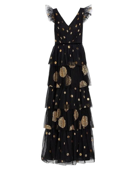 Marchesa notte Polka Dot Embellished Tiered Tulle Gown in Black Gold ...