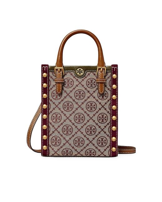 Tory Burch Cotton T Monogram Jacquard Studded Mini N/s Tote in Claret ...