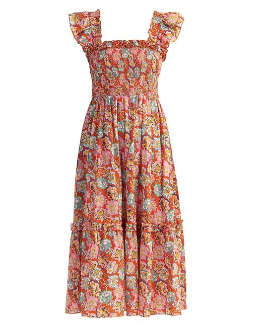 Shoshanna Floral Smocked Midi-dress in Red | Lyst
