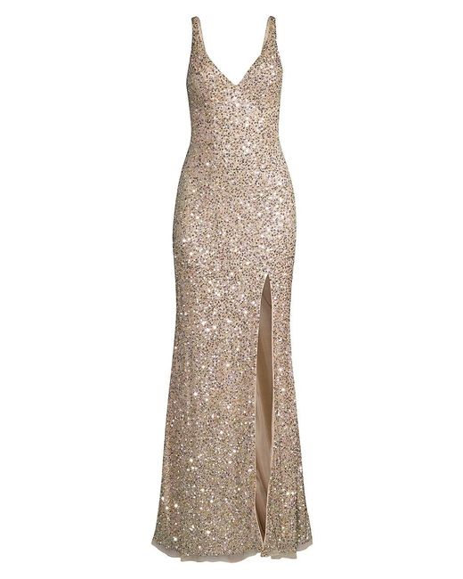 mac duggal beaded sheath gown in rose gold