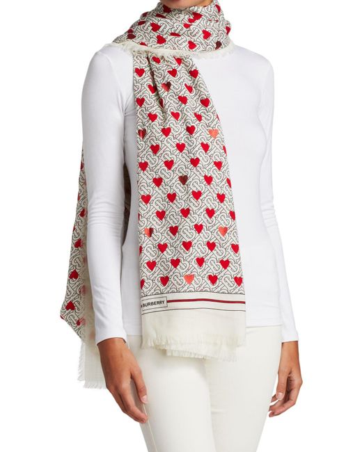 Burberry Tb Monogram & Heart Cashmere Scarf in White - Lyst