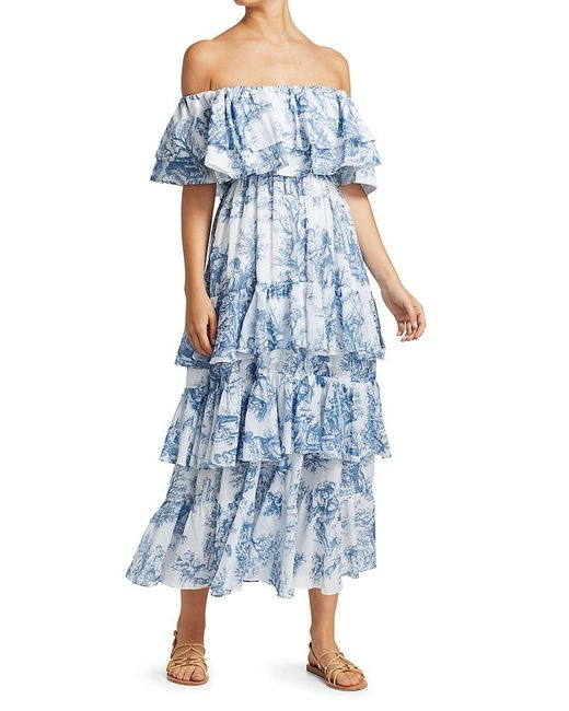 RHODE Cotton Ash Off-the-shoulder Printed Midi Dress in Blue | Lyst