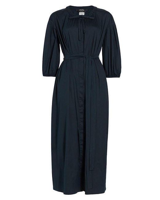 Max Mara Canto Belted Cotton-blend Midi-dress in Blue | Lyst