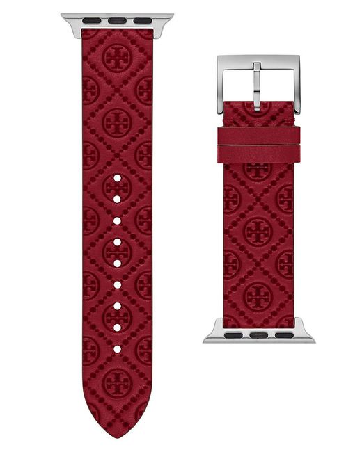 Tory Burch T Monogram Fabric & Leather Apple Watch Strap in Red | Lyst
