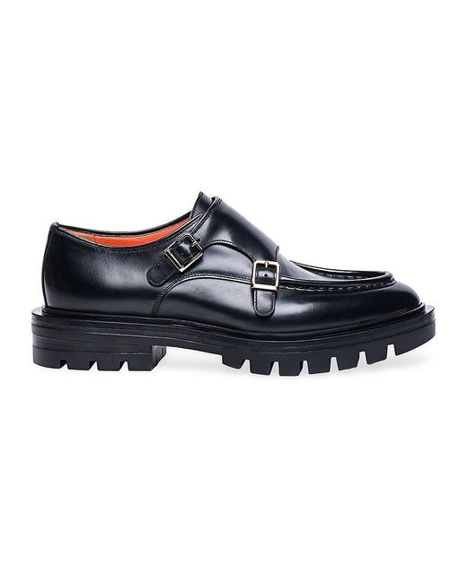 Santoni Feint Leather Lug-sole Monk Strap Loafers in Black | Lyst