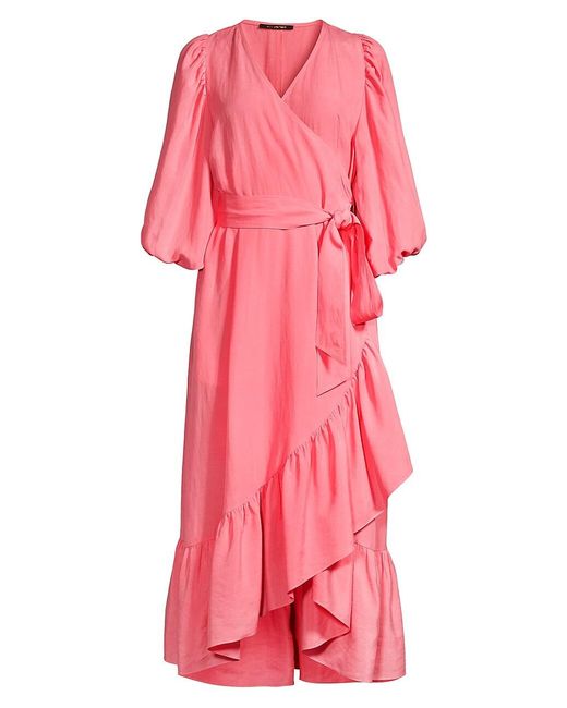 Kobi Halperin Linen Lea Ruffled Wrap Midi-dress in Flamingo (Black) | Lyst