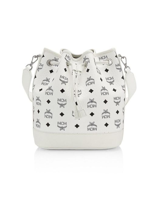 MCM Medium Dessau Visetos Coated Canvas Drawstring Bag in White Lyst