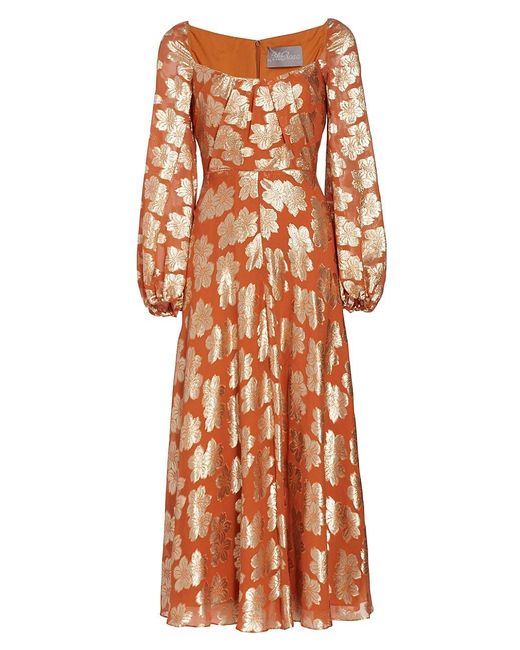 Lela Rose Synthetic Floral Metallic Long-sleeve Midi-dress | Lyst