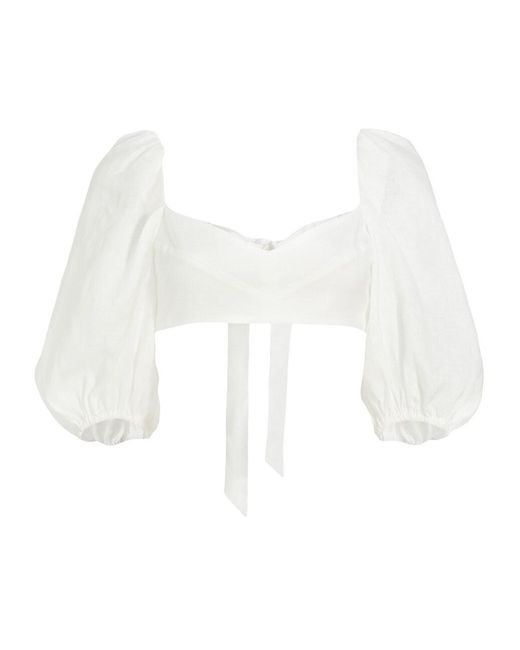 Zimmermann Linen Jeannie Puff-sleeve Crop Top in Ivory (White) | Lyst
