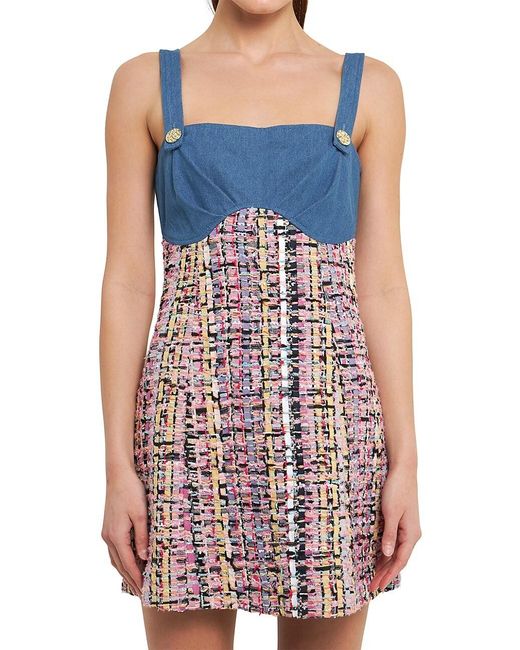 Endless Rose Tweed Square Neck Dress in Blue