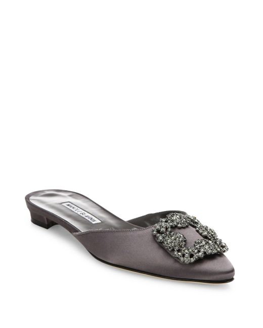 Manolo Blahnik Hangisi Embellished Satin Mules in Gray | Lyst
