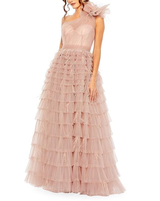 Mac Duggal One-shoulder Feathered Tulle Gown in Pink | Lyst