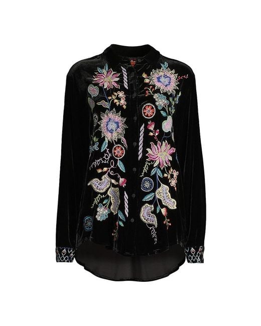 Johnny Was Pacifica Embroidered Velvet Shirt in Black Lyst