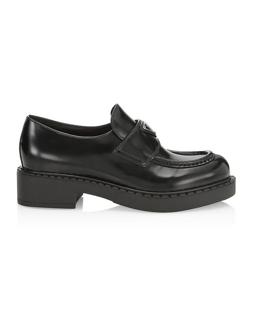 Prada Spazzolato Logo Leather Loafers in Nero (Black) | Lyst