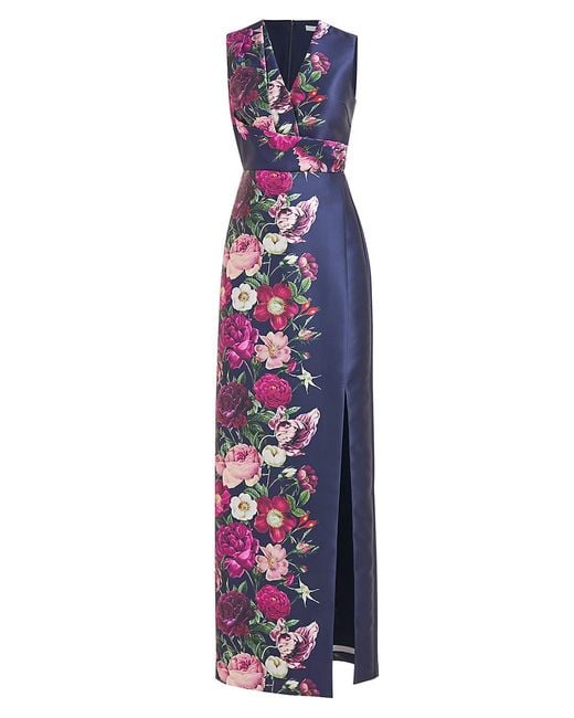 Kay Unger Coraline Floral Satin Column Gown in Purple | Lyst