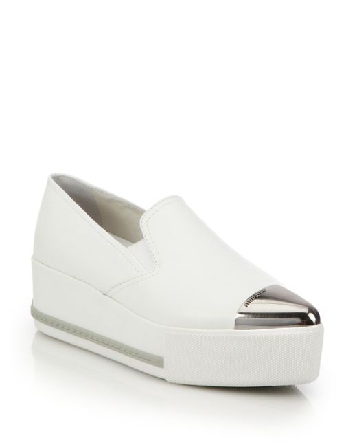 Miu Miu Metallic Cap-toe Leather Platform Skate Sneakers in White | Lyst