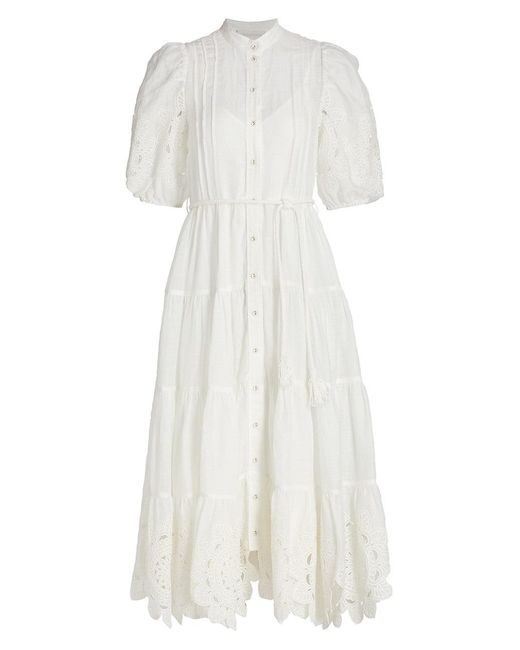 Zimmermann Cotton Teddy Scallop Frill Mid Dress in Ivory (White) - Lyst