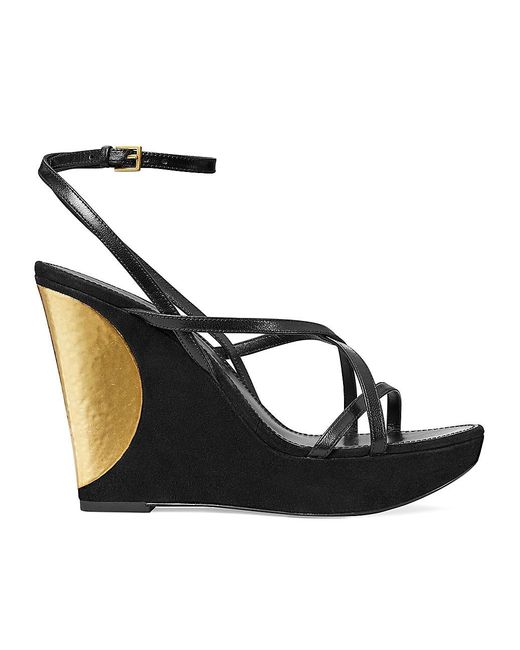 Tory Burch Patos Leather Ankle Wedge Sandals in Black | Lyst