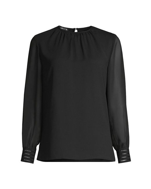 Misook Sheer Chiffon-sleeve Crepe De Chine Blouse in Black - Save 25% ...