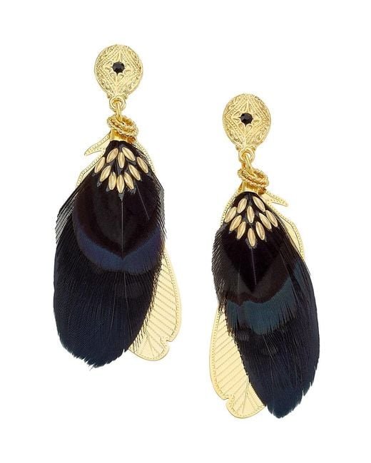Gas Bijoux Sao 24k Gold-plate, Onyx & Feather Drop Earrings in Blue | Lyst