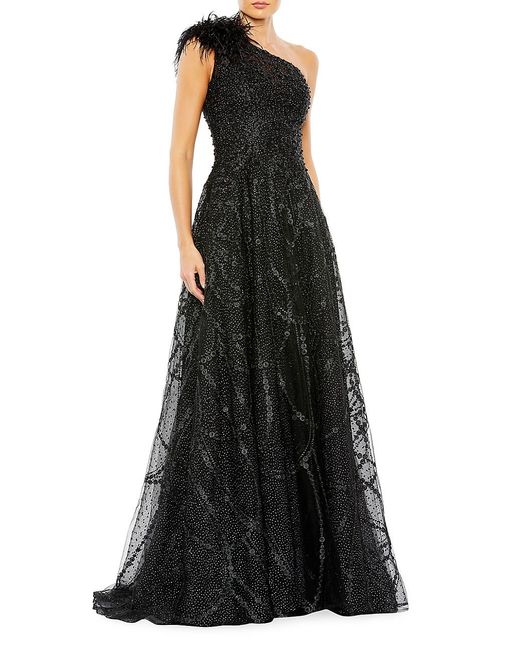 Mac Duggal One-shoulder Feathered A-line Gown in Black | Lyst