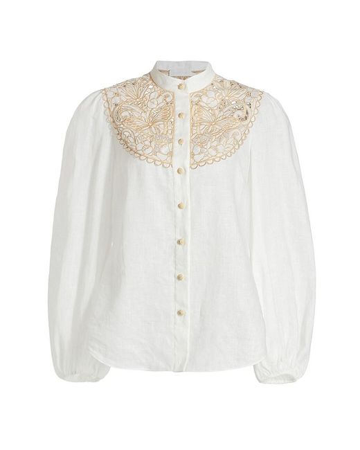 Zimmermann Linen Jeannie Embroidered Blouse in Ivory (White) | Lyst