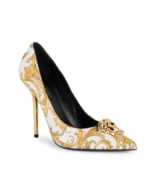 Versace Leather Barocco Print Medusa Pumps in White | Lyst
