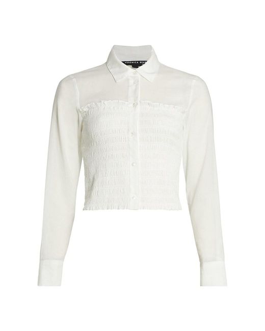 Veronica Beard Emersyn Smocked Cotton Crop Shirt in White | Lyst