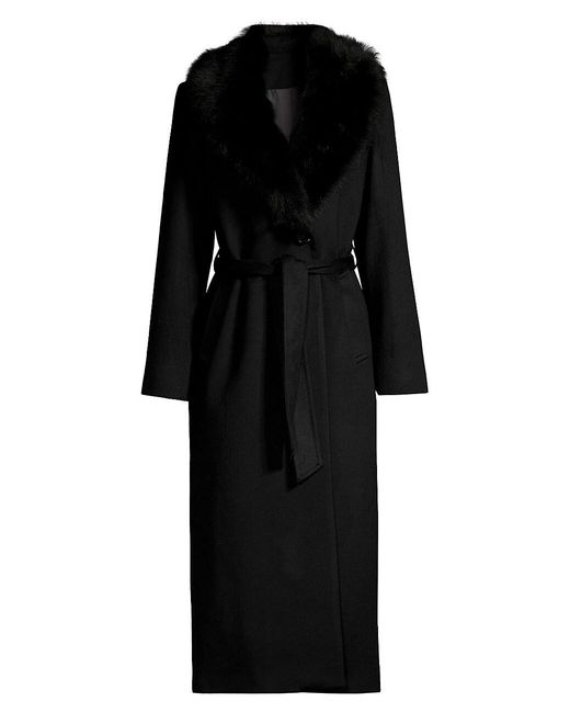 Sofia Cashmere Wool Shearling Long Belted Wrap Coat in Black | Lyst
