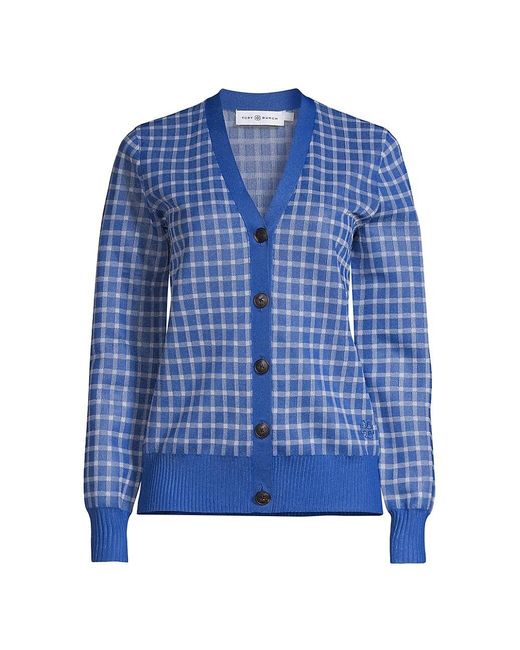 Tory Burch Synthetic Plaid Boyfriend Cardigan in Blue Lyst